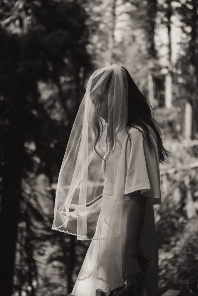 black and white bridal veil shot