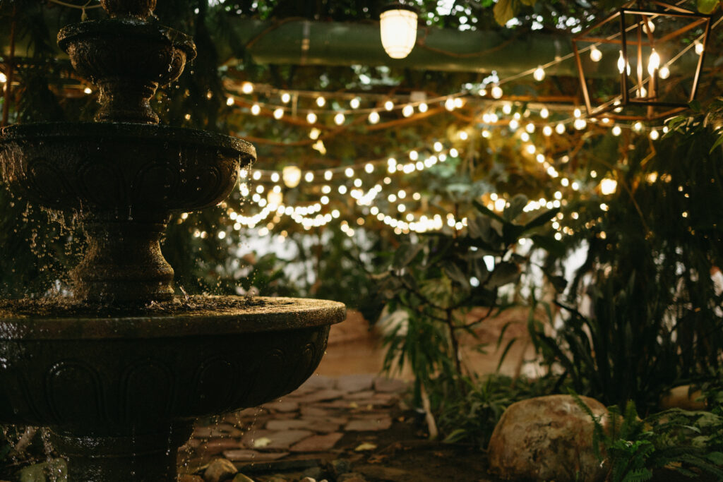 detail shot of fountain at garden wedding reception