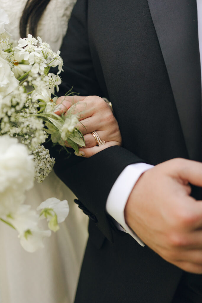 bride and groom close up of bouquet after wedding ceremony, bridals