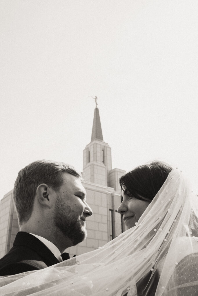 black and white bridal photo at calgary LDS temple