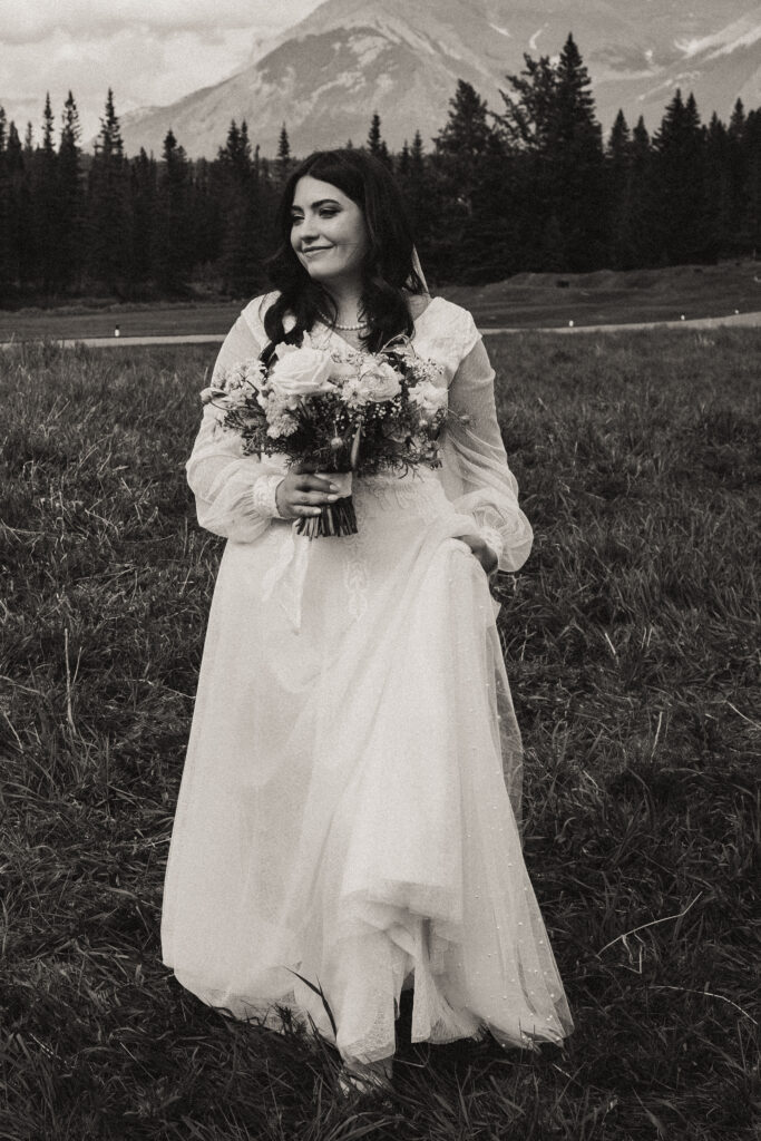 mountain bridals black and white photo of the bride