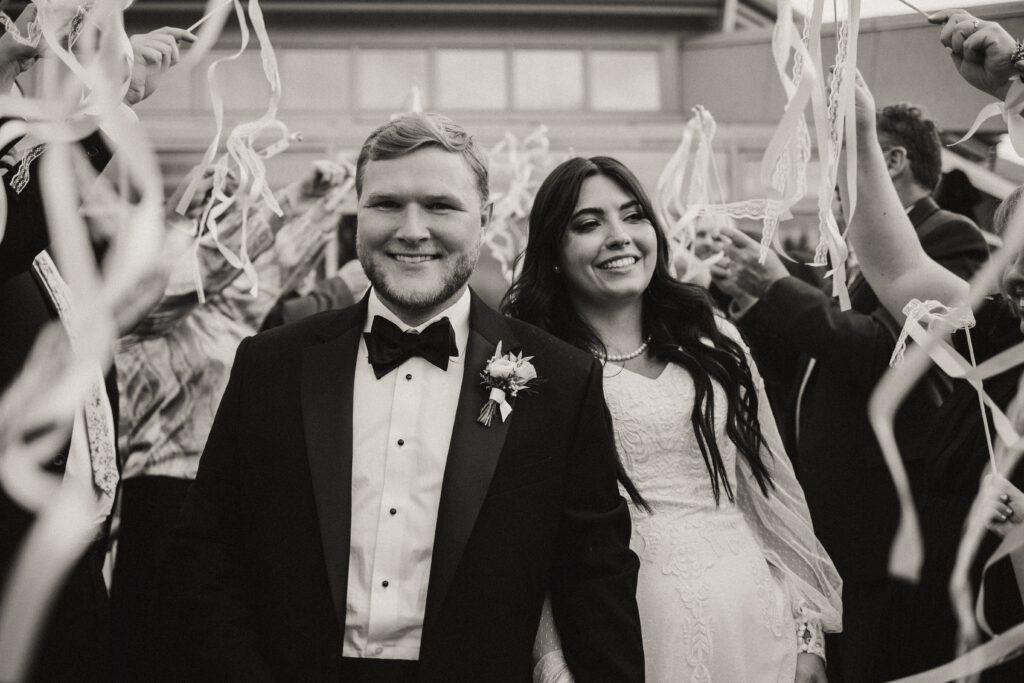 black and white streamer wedding exit